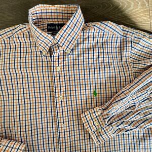Ralph Lauren Plaid Button Down Shirt Orange Blue Mens Classic Fit 15.5 34/35